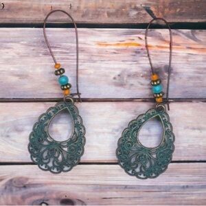 Turquoise Beaded Drop Hoop Bohemian Earrings